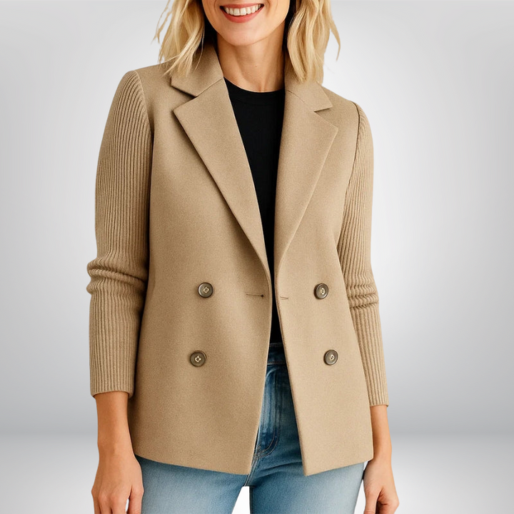 Helen™ | Dwurzędowy płaszcz z prążkowanymi rękawami