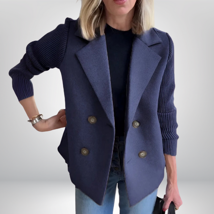 Helen™ | Dwurzędowy płaszcz z prążkowanymi rękawami