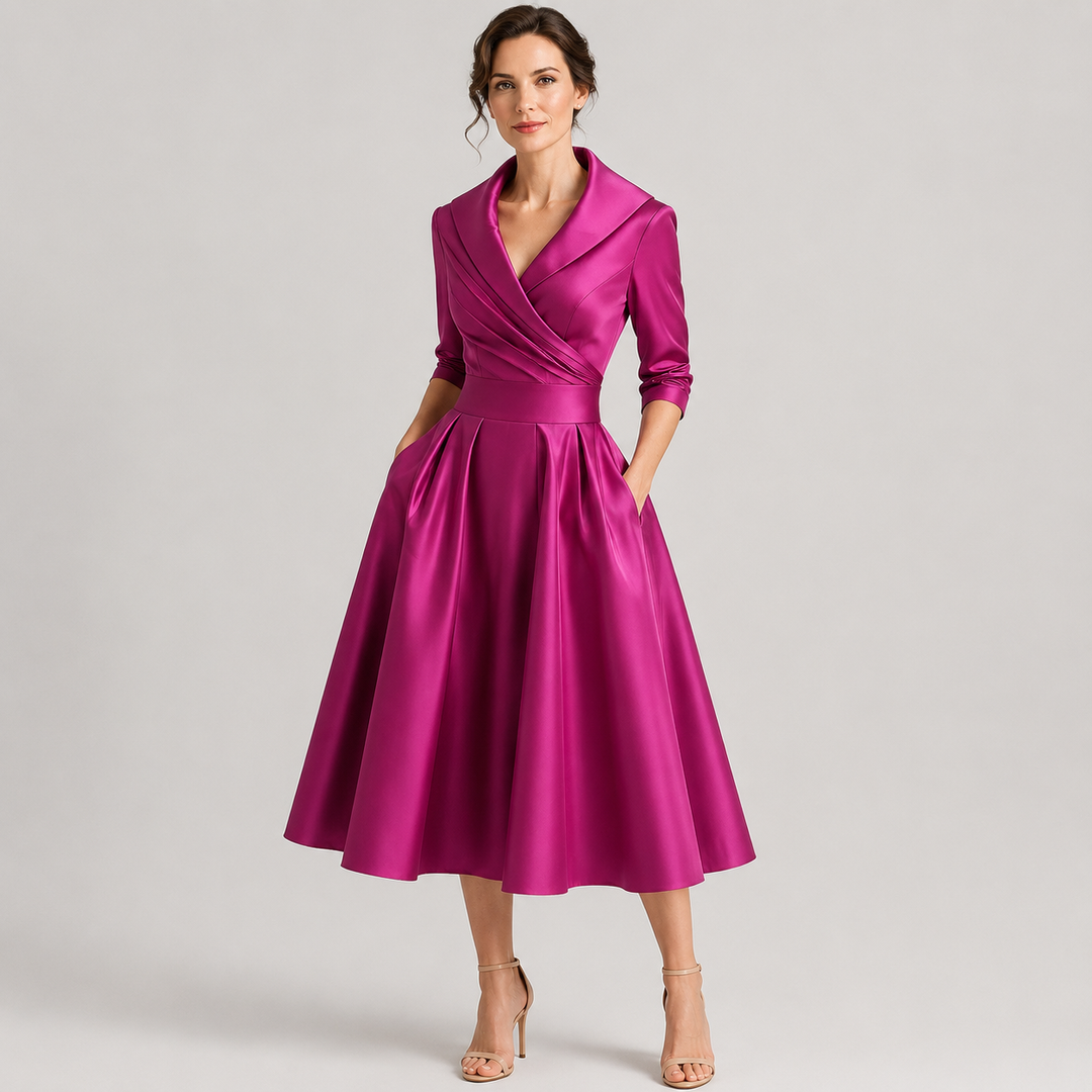 Lena | Vestido Midi Cruzado con Cuello Solapa