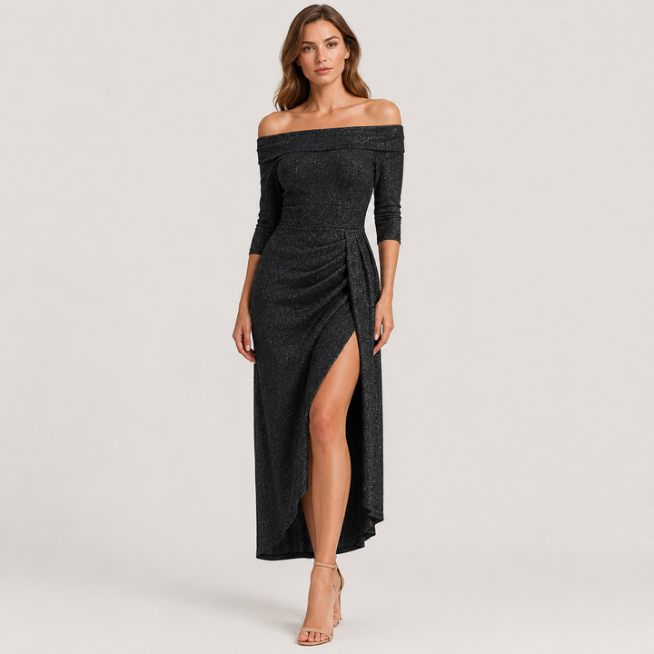 Nina | Vestido Midi con Escote Bardot y Abertura