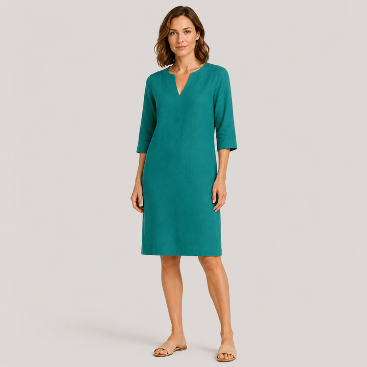 Claudia | Vestido Recto con Cuello en V y Manga Francesa