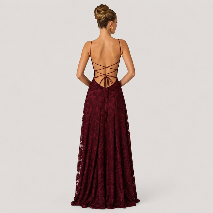 Halina | Vestido Largo de Encaje con Escote Drapeado