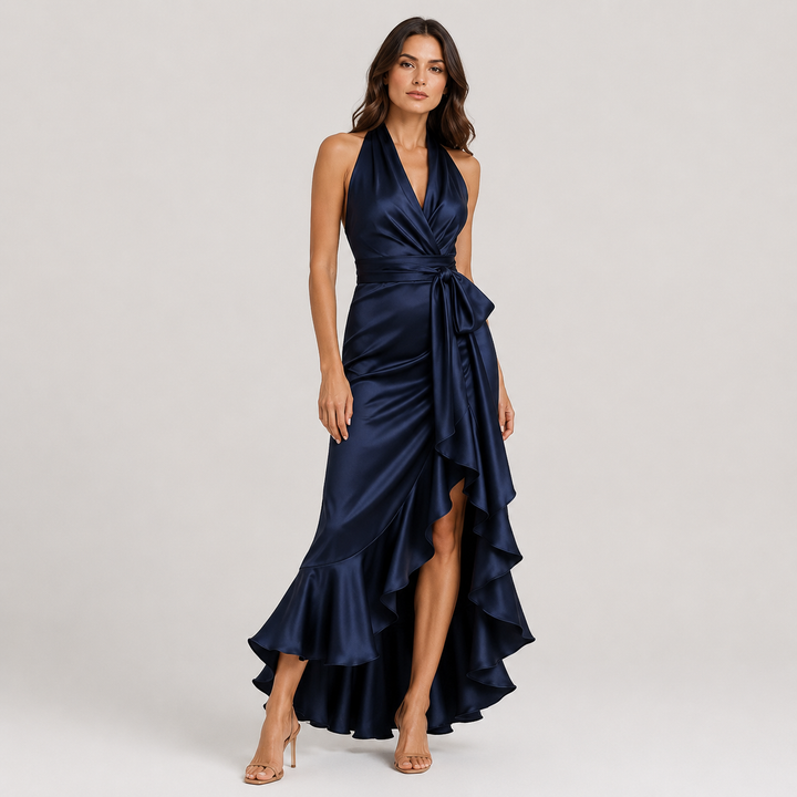 Julia | Vestido Satinado Halter con Falda Asimétrica