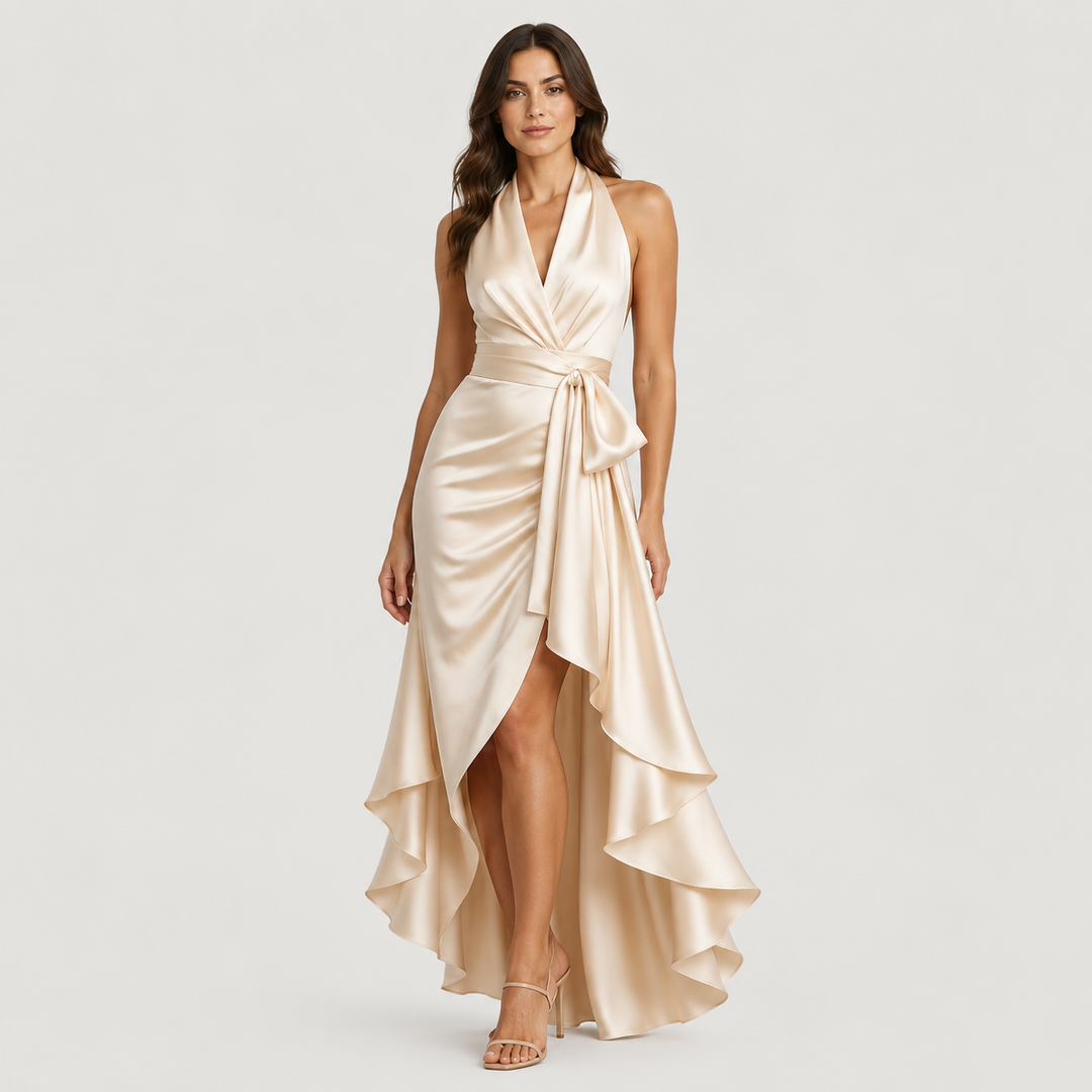 Julia | Vestido Satinado Halter con Falda Asimétrica