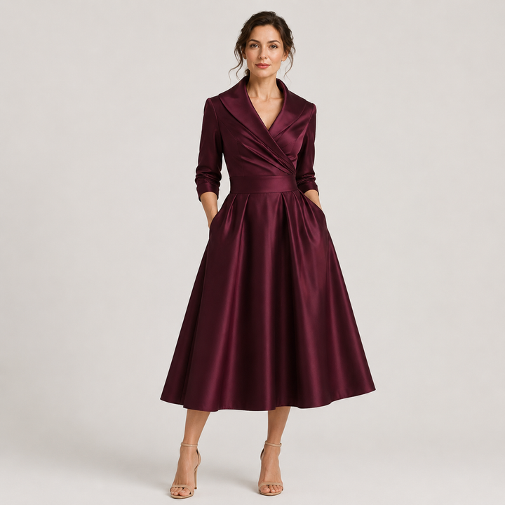 Lena | Vestido Midi Cruzado con Cuello Solapa