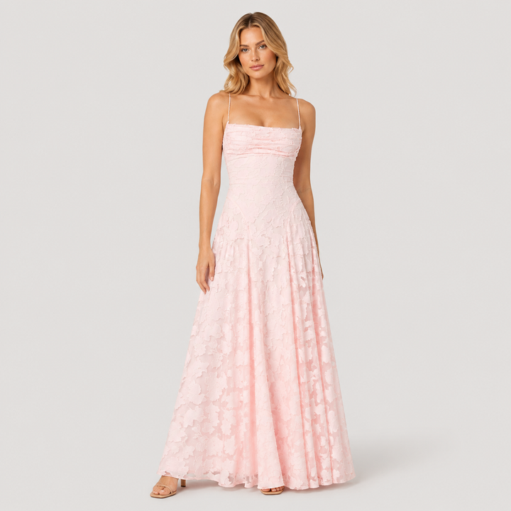 Halina | Vestido Largo de Encaje con Escote Drapeado