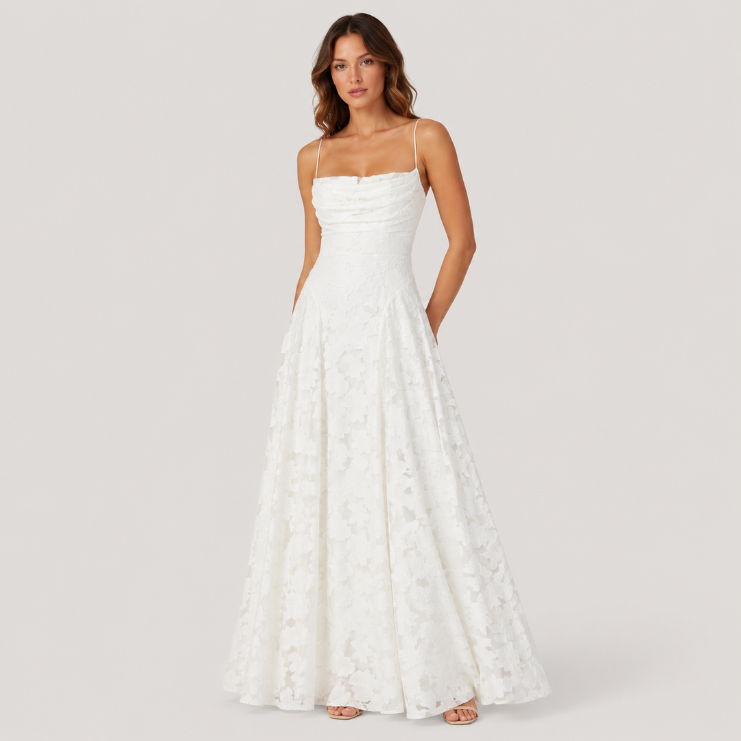 Halina | Vestido Largo de Encaje con Escote Drapeado