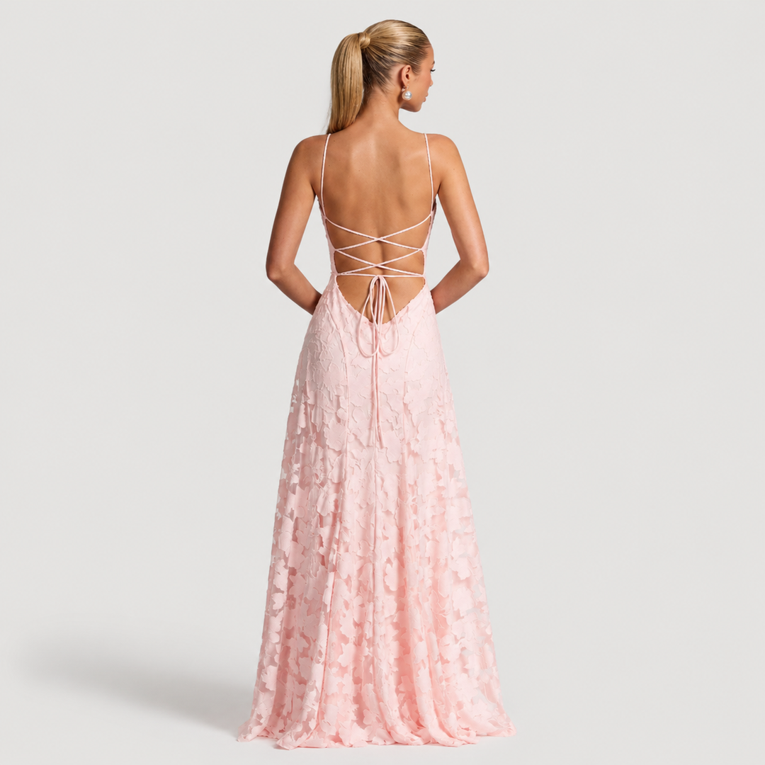 Halina | Vestido Largo de Encaje con Escote Drapeado
